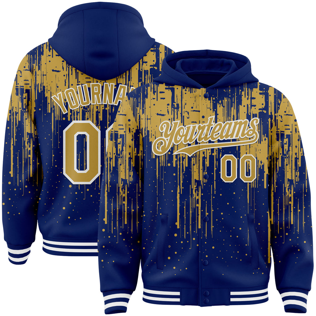 Custom Royal Old Gold-White Dripping Splatter 3D Pattern Design Bomber Full-Snap Varsity Letterman Hoodie Jacket