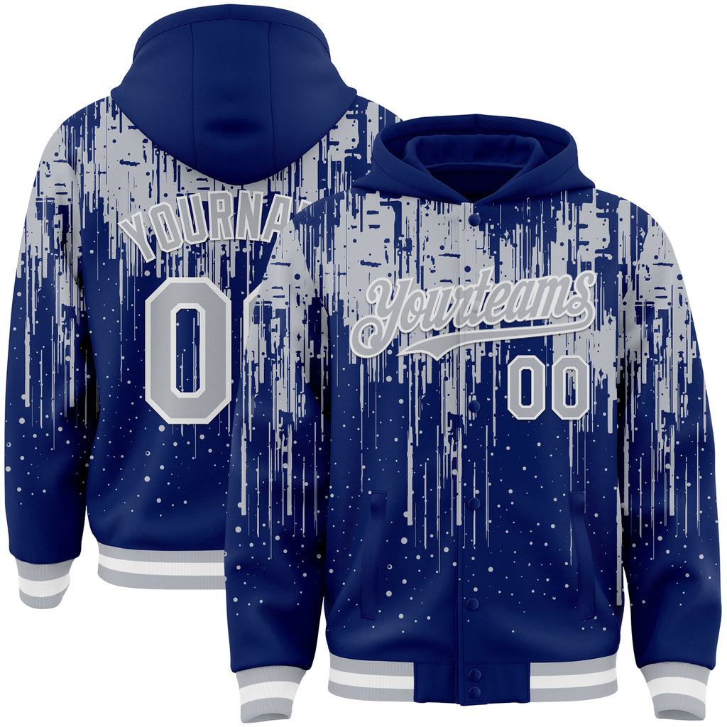 Custom Royal Gray-White Dripping Splatter 3D Pattern Design Bomber Full-Snap Varsity Letterman Hoodie Jacket