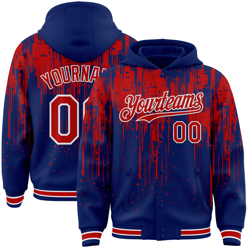 Custom Royal Red-White Dripping Splatter 3D Pattern Design Bomber Full-Snap Varsity Letterman Hoodie Jacket