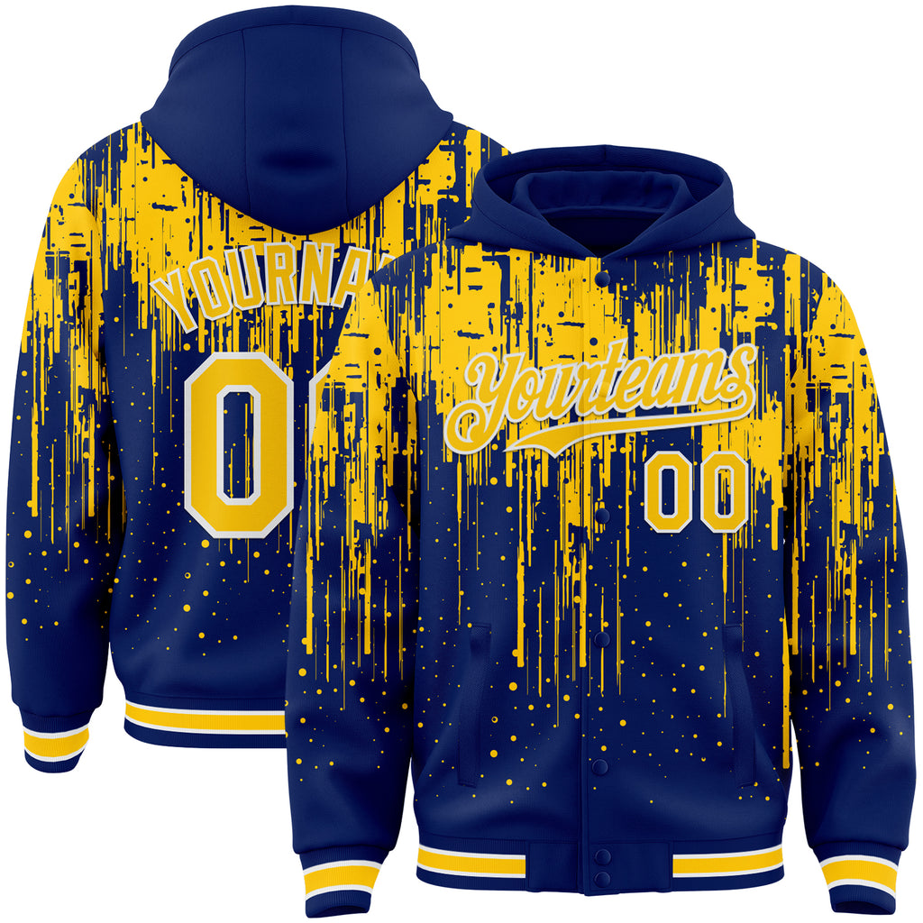Custom Royal Yellow-White Dripping Splatter 3D Pattern Design Bomber Full-Snap Varsity Letterman Hoodie Jacket