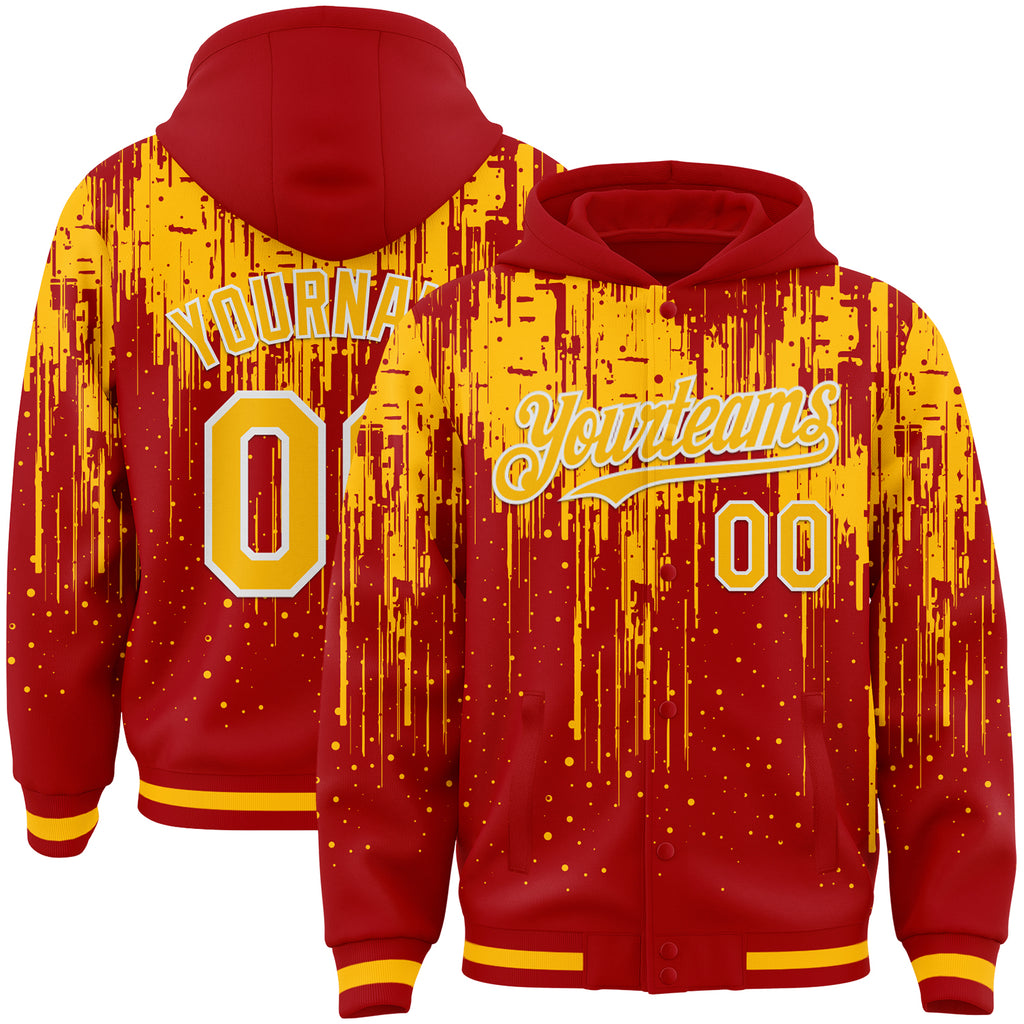 Custom Red Gold-White Dripping Splatter 3D Pattern Design Bomber Full-Snap Varsity Letterman Hoodie Jacket
