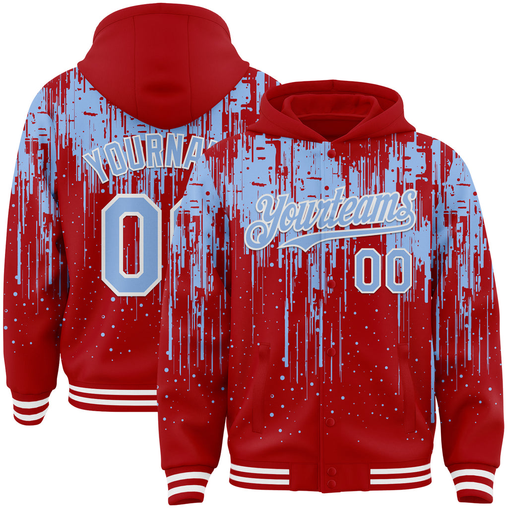 Custom Red Light Blue-White Dripping Splatter 3D Pattern Design Bomber Full-Snap Varsity Letterman Hoodie Jacket