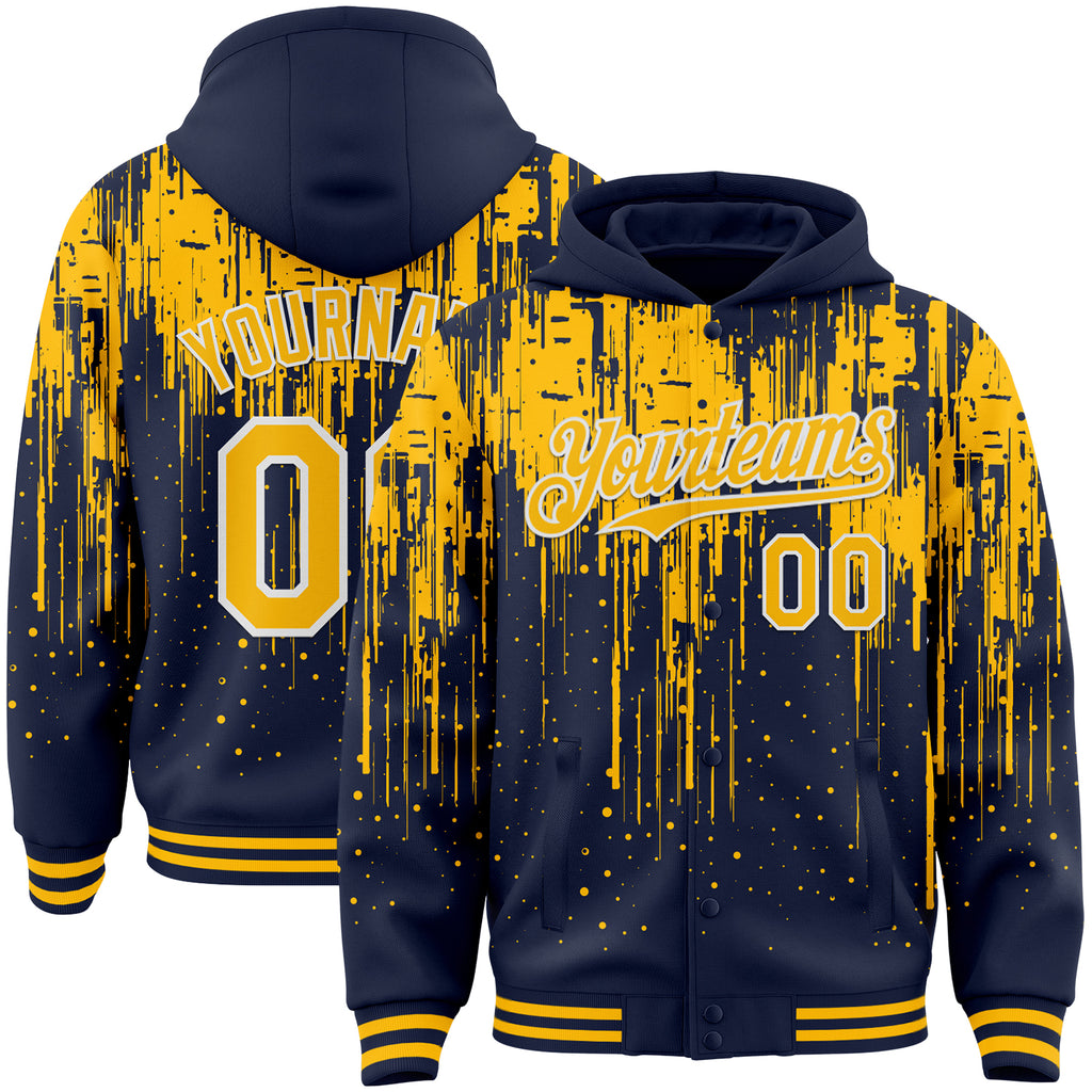 Custom Navy Gold-White Dripping Splatter 3D Pattern Design Bomber Full-Snap Varsity Letterman Hoodie Jacket