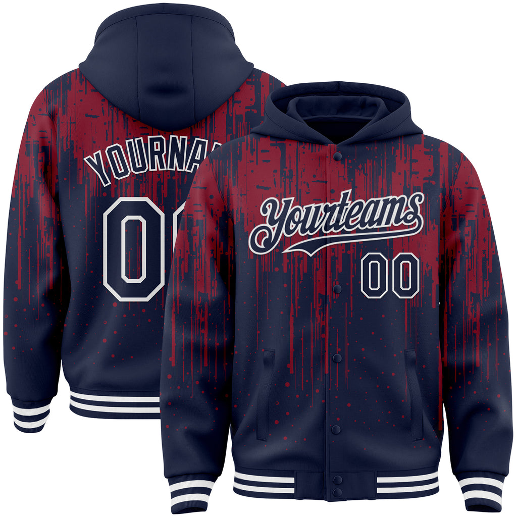 Custom Navy Crimson-White Dripping Splatter 3D Pattern Design Bomber Full-Snap Varsity Letterman Hoodie Jacket