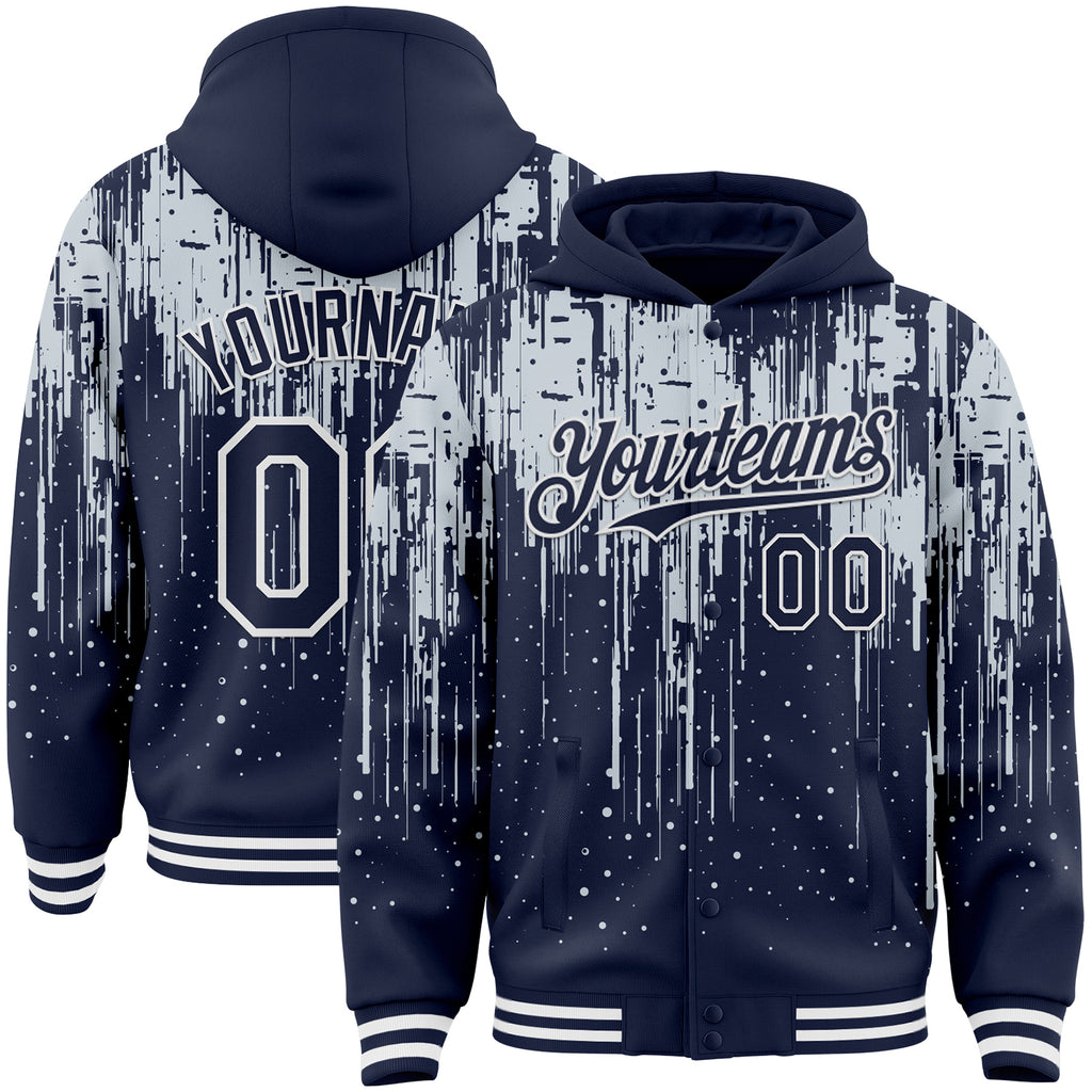 Custom Navy Silver-White Dripping Splatter 3D Pattern Design Bomber Full-Snap Varsity Letterman Hoodie Jacket