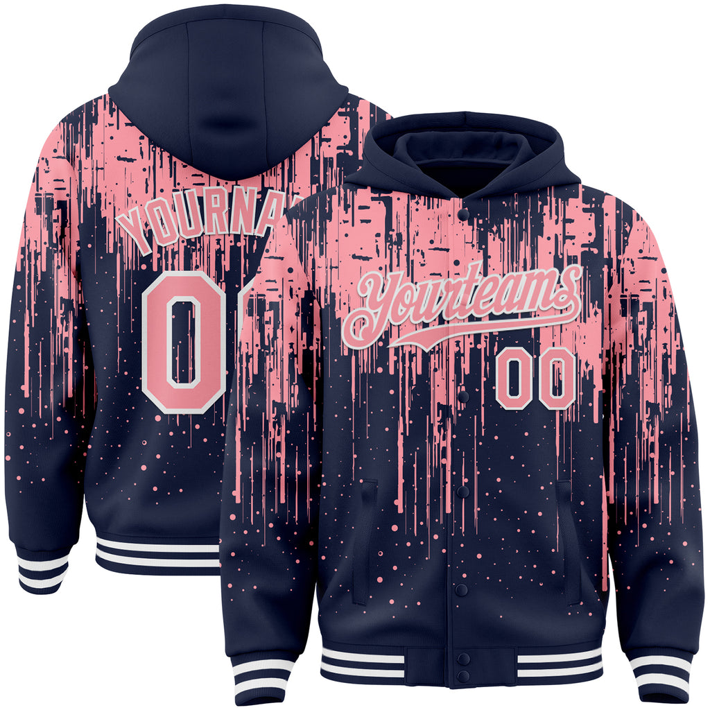 Custom Navy Medium Pink-White Dripping Splatter 3D Pattern Design Bomber Full-Snap Varsity Letterman Hoodie Jacket