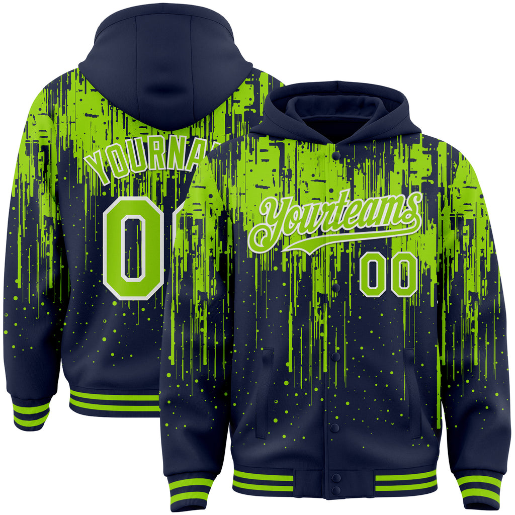Custom Navy Neon Green-White Dripping Splatter 3D Pattern Design Bomber Full-Snap Varsity Letterman Hoodie Jacket
