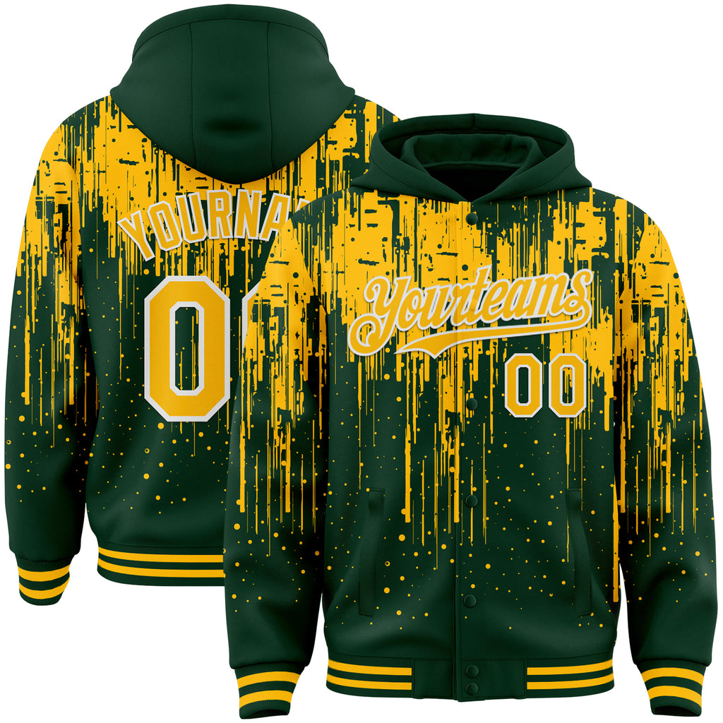 Custom Green Gold-White Dripping Splatter 3D Pattern Design Bomber Full-Snap Varsity Letterman Hoodie Jacket