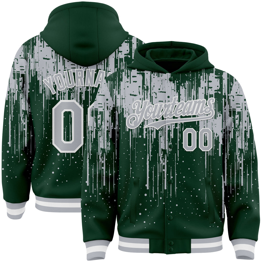 Custom Green Gray-White Dripping Splatter 3D Pattern Design Bomber Full-Snap Varsity Letterman Hoodie Jacket