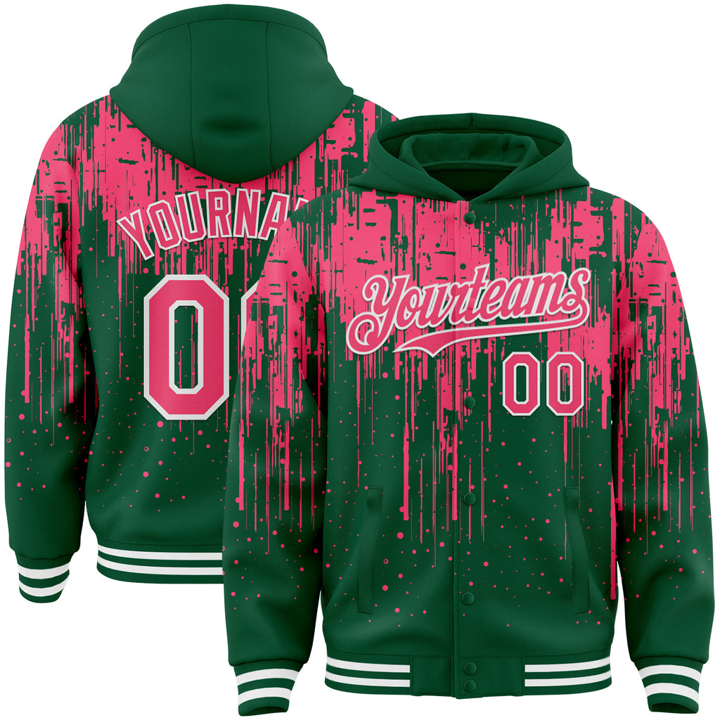 Custom Kelly Green Neon Pink-White Dripping Splatter 3D Pattern Design Bomber Full-Snap Varsity Letterman Hoodie Jacket