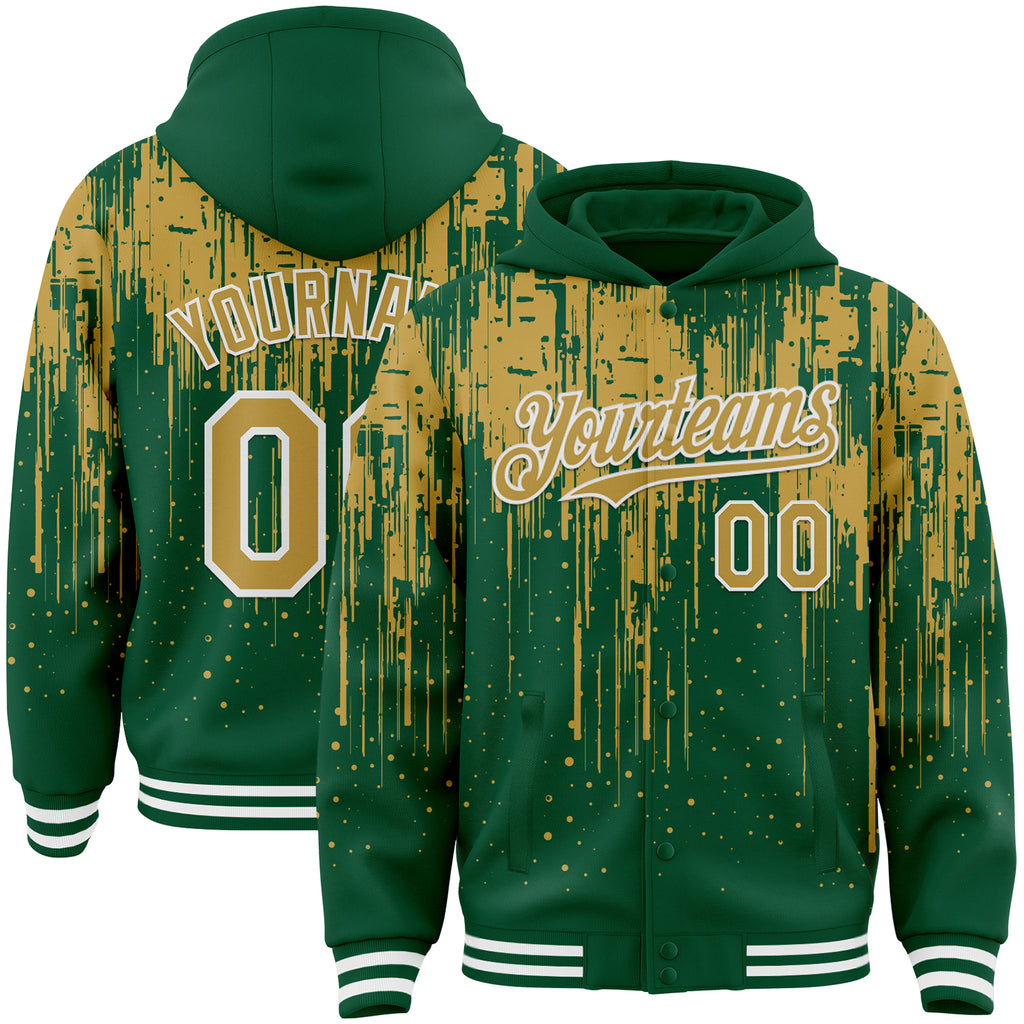 Custom Kelly Green Old Gold-White Dripping Splatter 3D Pattern Design Bomber Full-Snap Varsity Letterman Hoodie Jacket