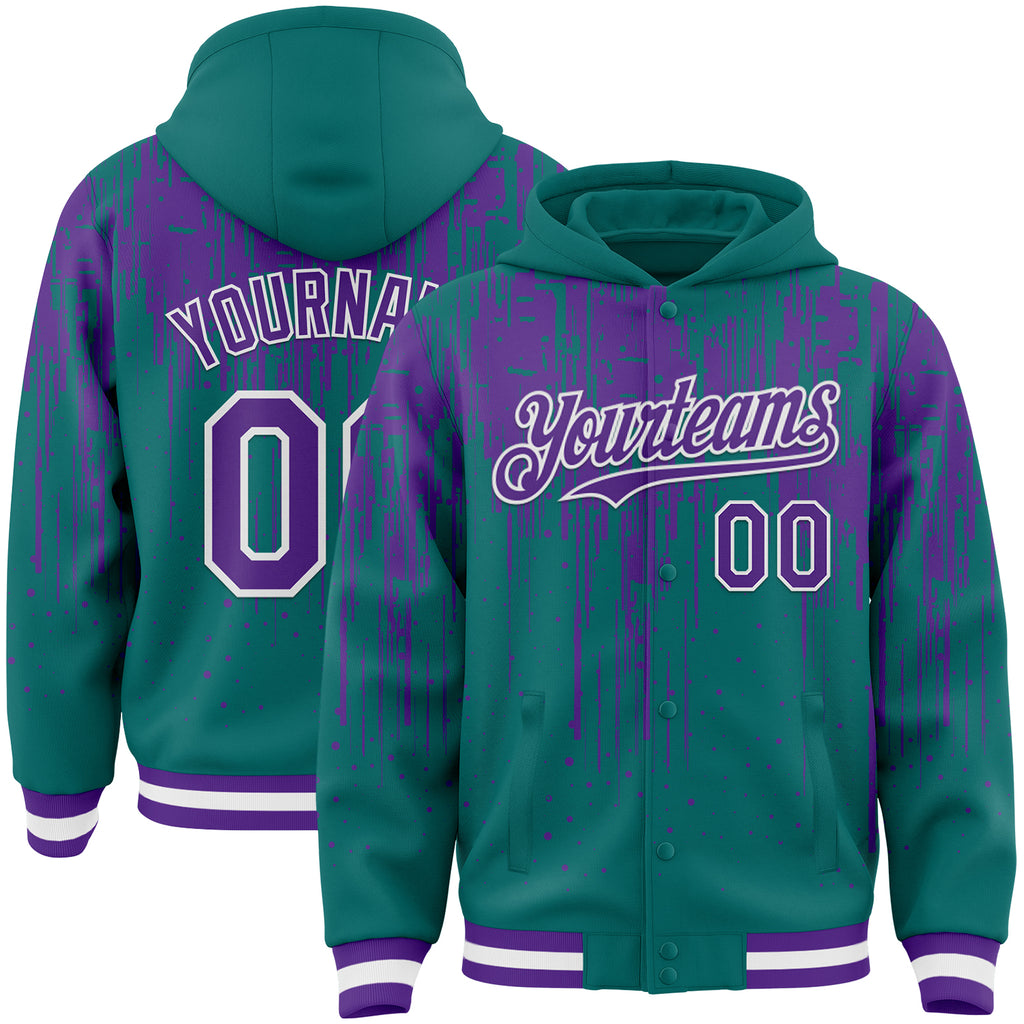 Custom Teal Purple-White Dripping Splatter 3D Pattern Design Bomber Full-Snap Varsity Letterman Hoodie Jacket