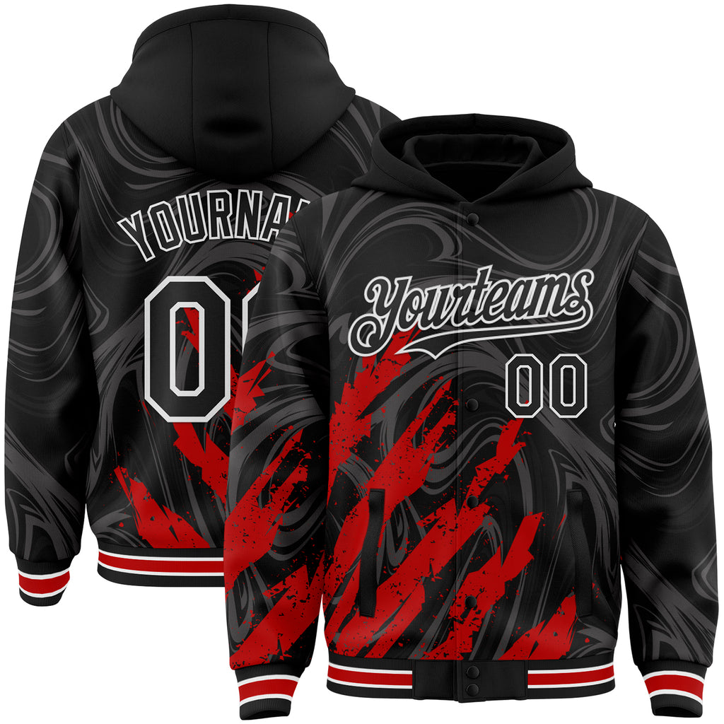 Custom Black Red-White Splash 3D Pattern Design Bomber Full-Snap Varsity Letterman Hoodie Jacket