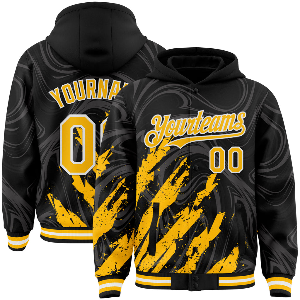 Custom Black Gold-White Splash 3D Pattern Design Bomber Full-Snap Varsity Letterman Hoodie Jacket