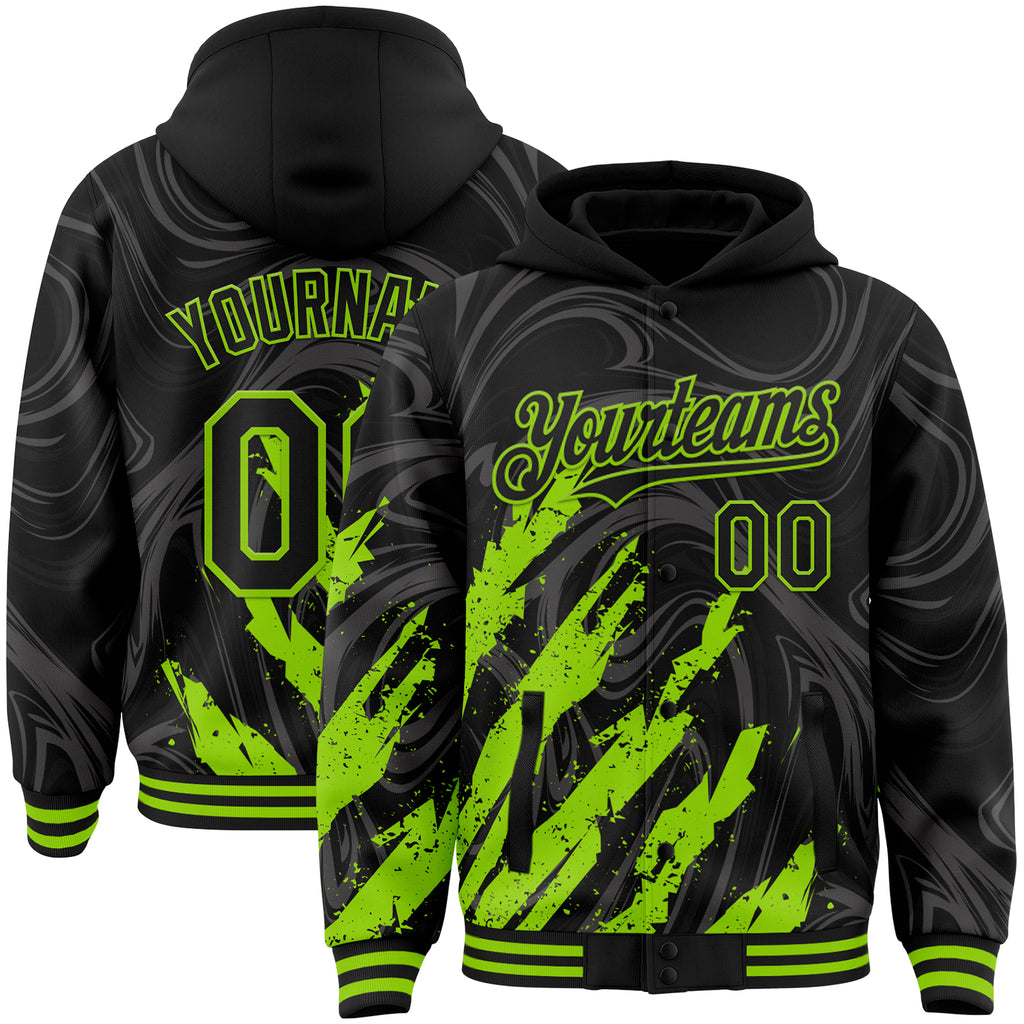 Custom Black Neon Green Splash 3D Pattern Design Bomber Full-Snap Varsity Letterman Hoodie Jacket