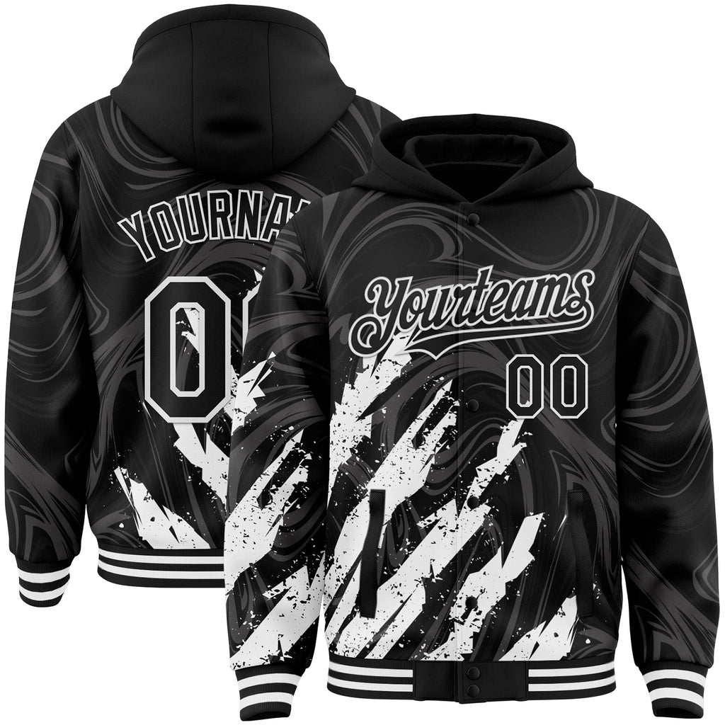 Custom Black White Splash 3D Pattern Design Bomber Full-Snap Varsity Letterman Hoodie Jacket