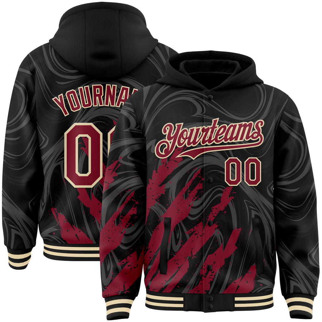 Custom Black Crimson-Cream Splash 3D Pattern Design Bomber Full-Snap Varsity Letterman Hoodie Jacket