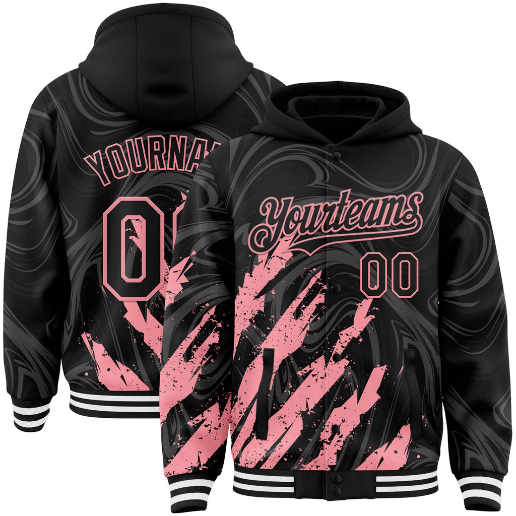 Custom Black Medium Pink-White Splash 3D Pattern Design Bomber Full-Snap Varsity Letterman Hoodie Jacket