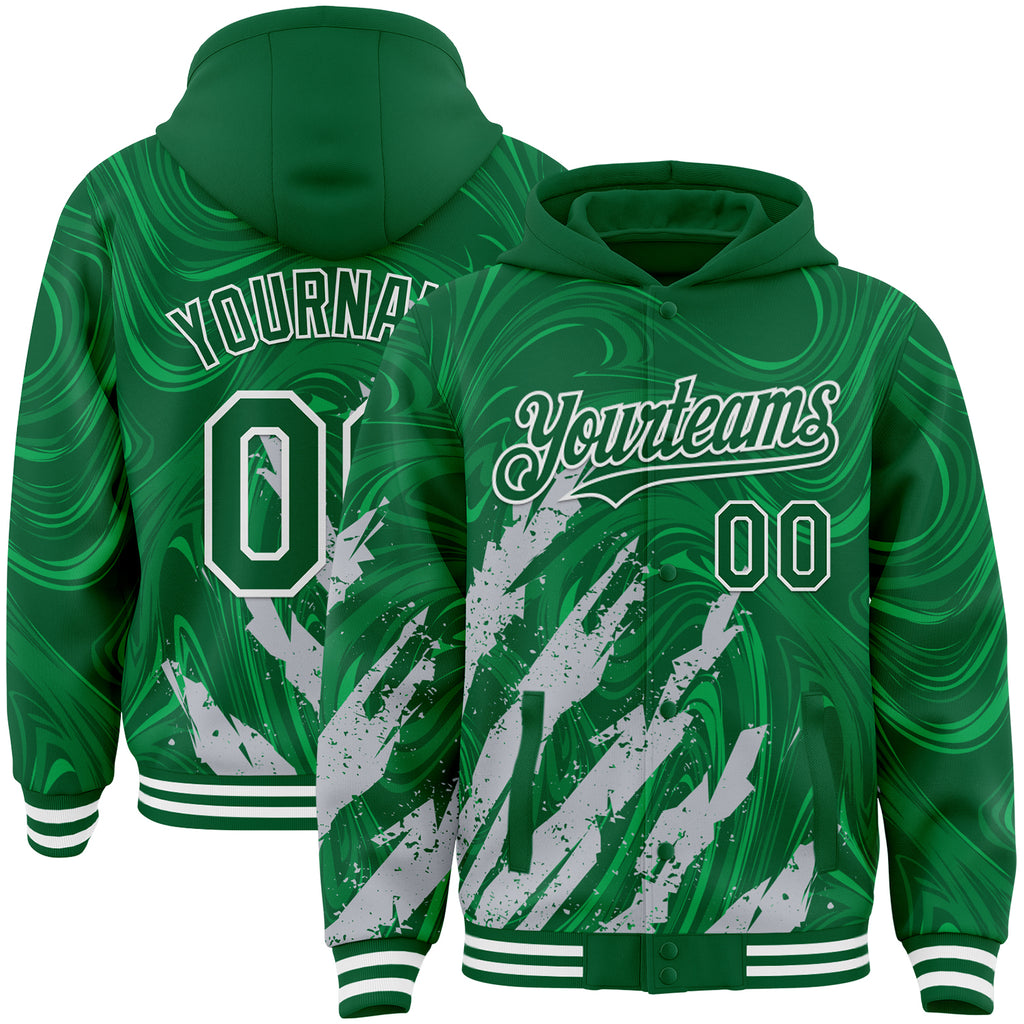 Custom Kelly Green Gray-White Splash 3D Pattern Design Bomber Full-Snap Varsity Letterman Hoodie Jacket
