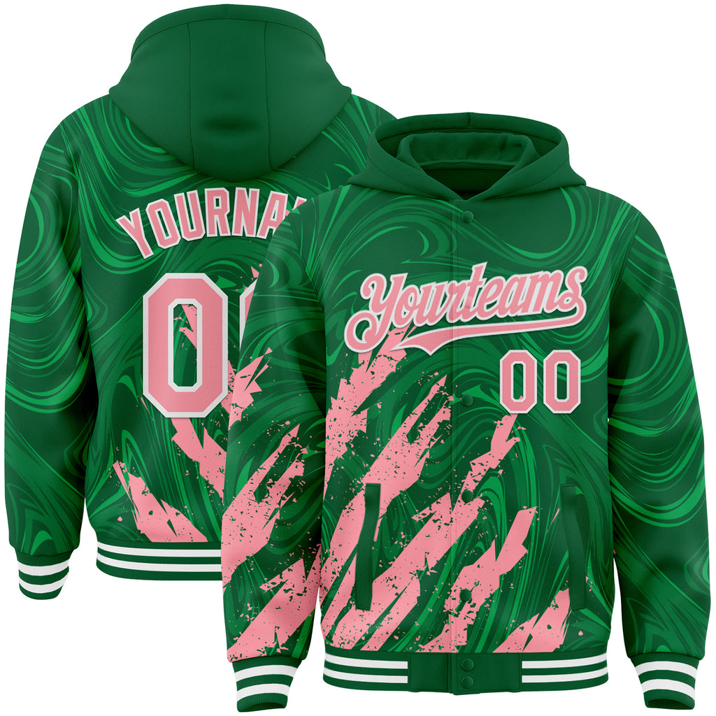 Custom Kelly Green Medium Pink-White Splash 3D Pattern Design Bomber Full-Snap Varsity Letterman Hoodie Jacket