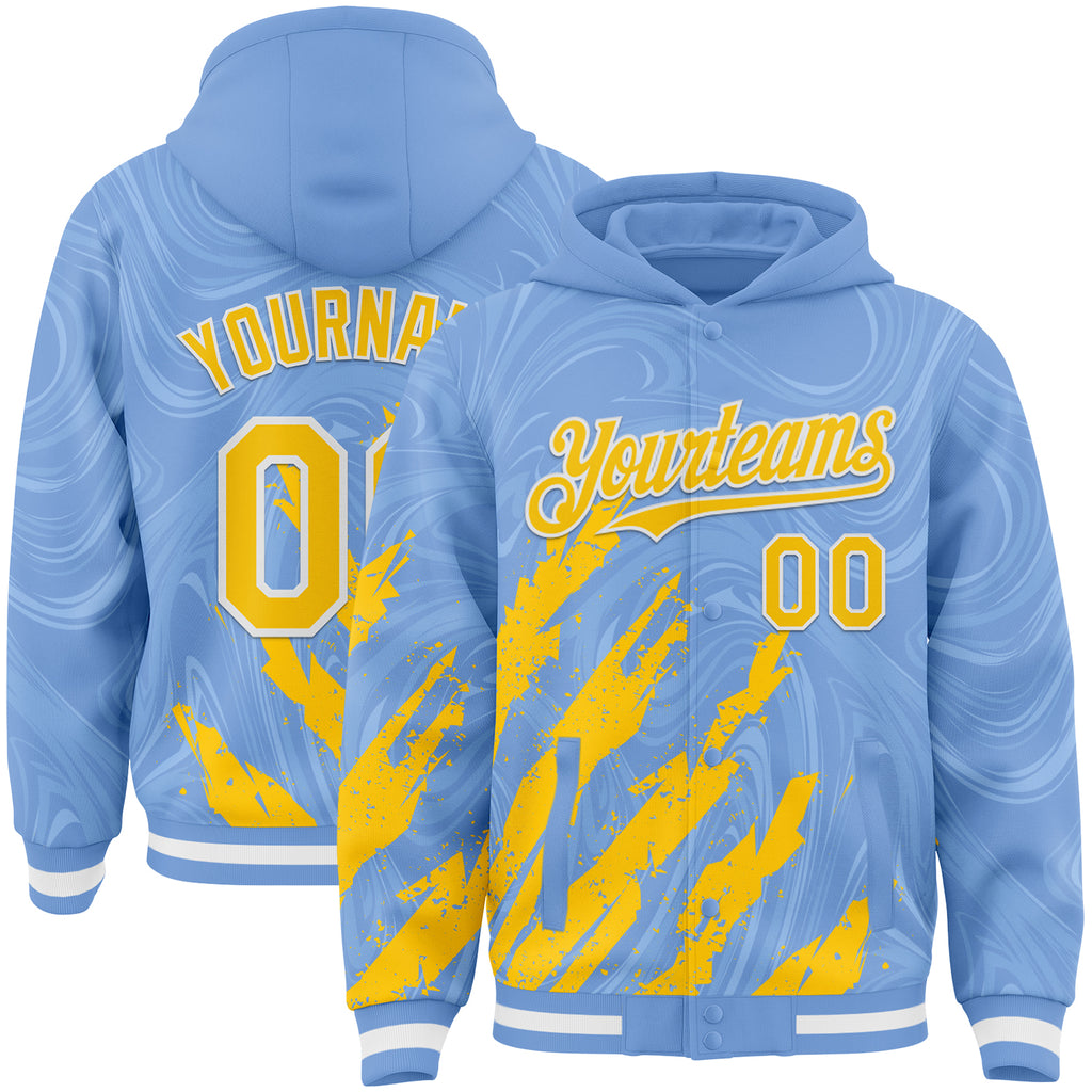 Custom Light Blue Yellow-White Splash 3D Pattern Design Bomber Full-Snap Varsity Letterman Hoodie Jacket
