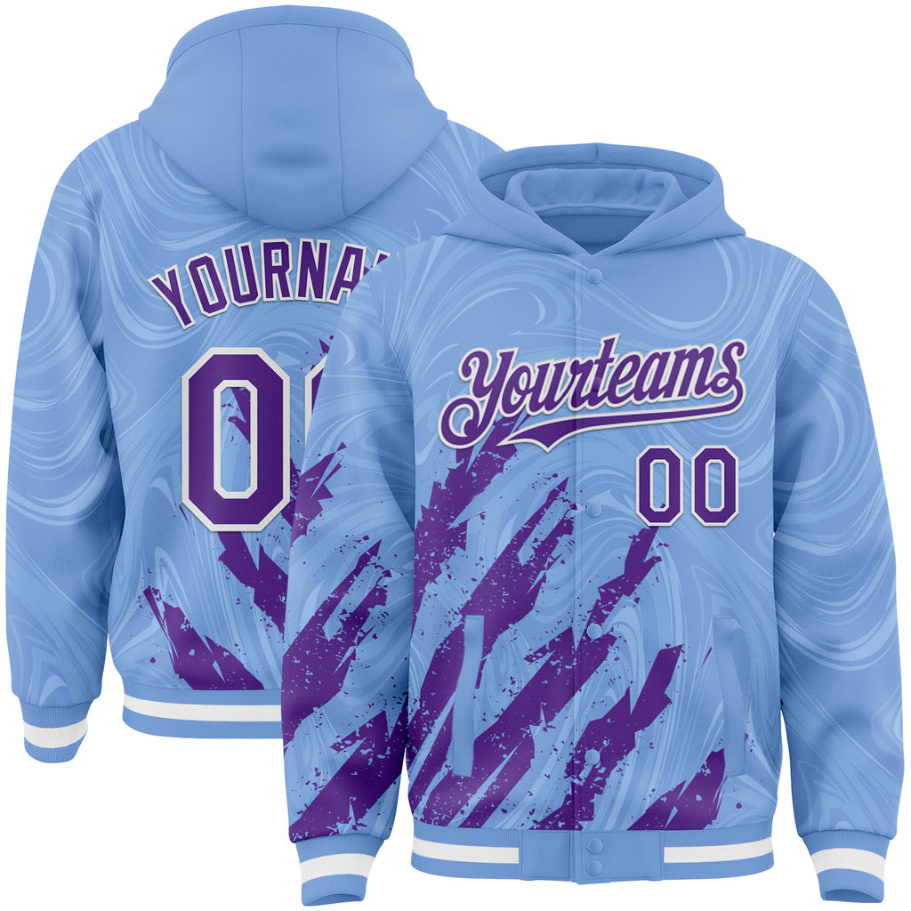Custom Light Blue Purple-White Splash 3D Pattern Design Bomber Full-Snap Varsity Letterman Hoodie Jacket