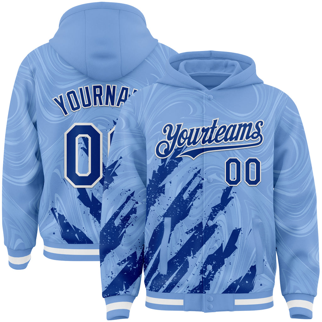 Custom Light Blue Royal-White Splash 3D Pattern Design Bomber Full-Snap Varsity Letterman Hoodie Jacket