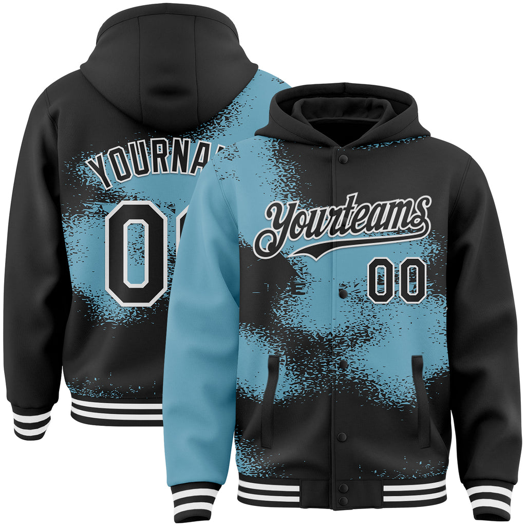 Custom Black Shadow Blue-White Abstract Color Blocks Fragment 3D Pattern Design Bomber Full-Snap Varsity Letterman Hoodie Jacket