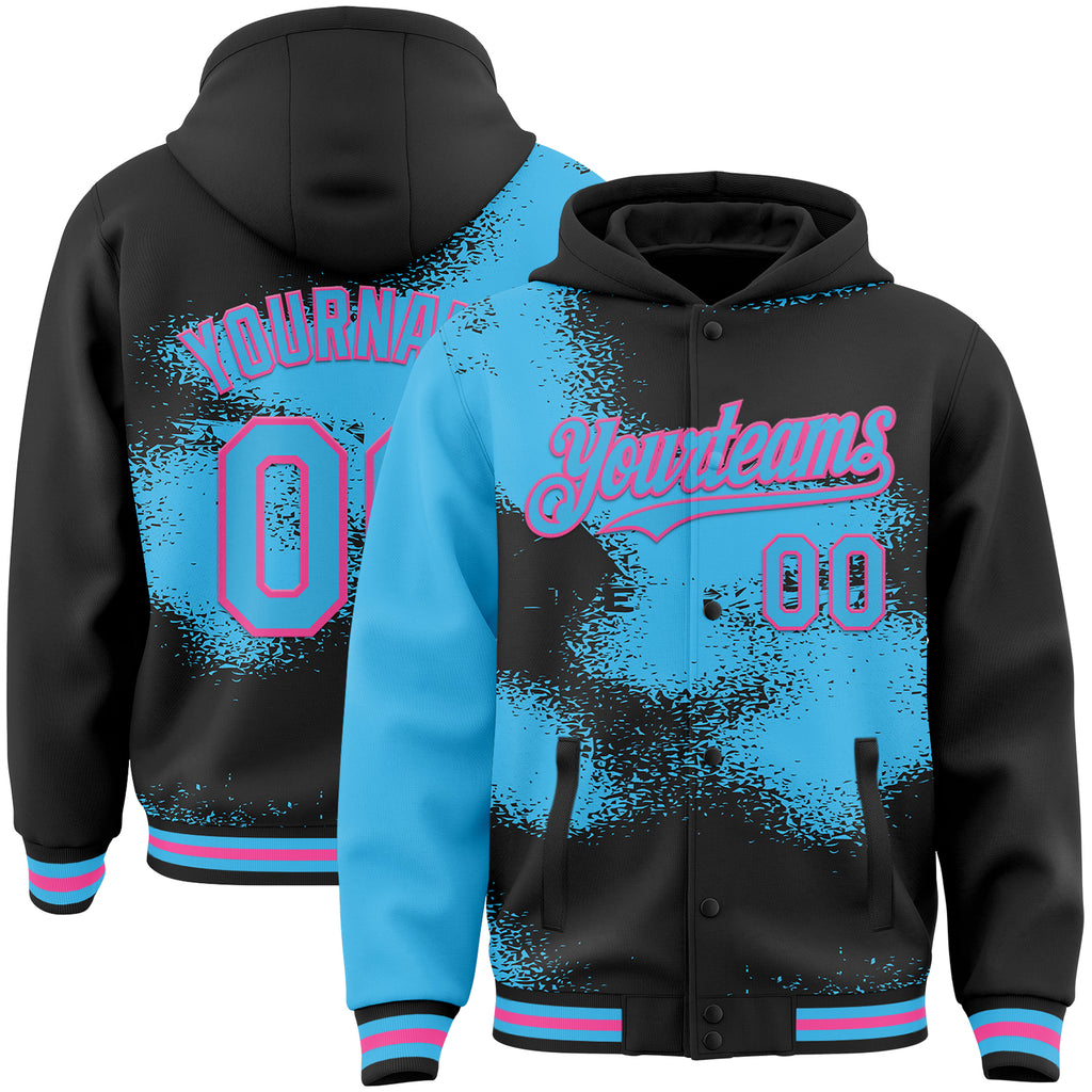 Custom Black Sky Blue-Pink Abstract Color Blocks Fragment 3D Pattern Design Bomber Full-Snap Varsity Letterman Hoodie Jacket