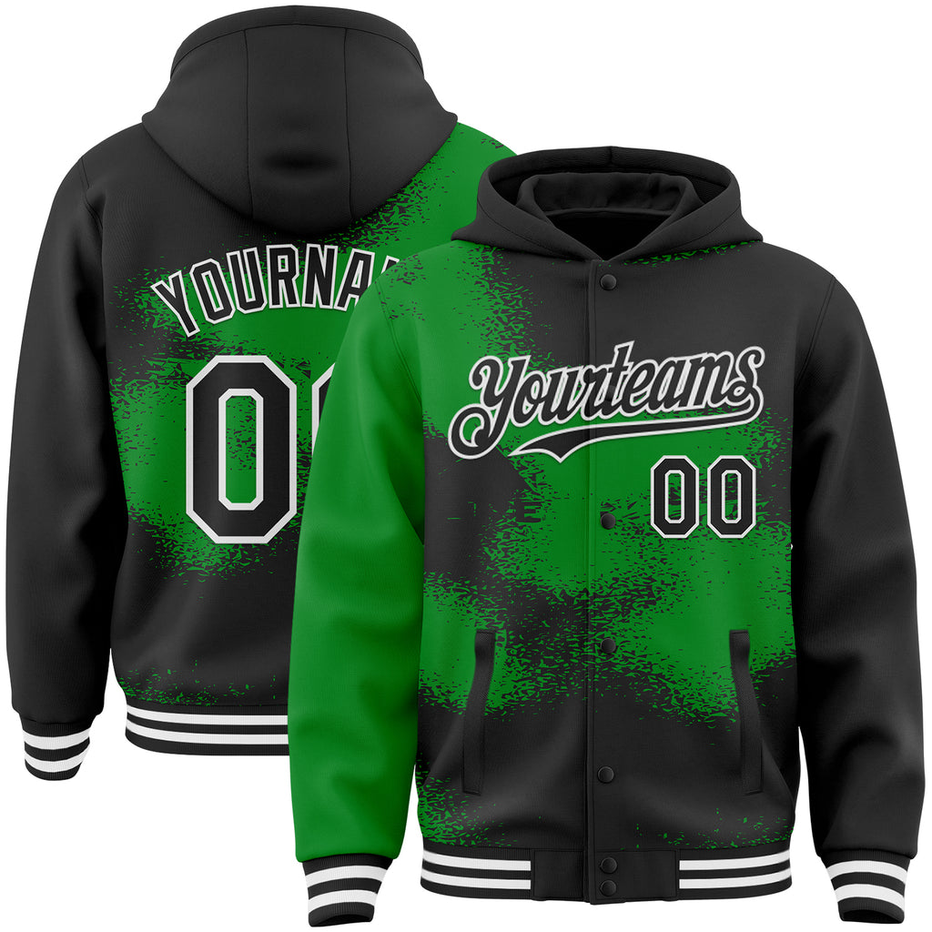 Custom Black Grass Green-White Abstract Color Blocks Fragment 3D Pattern Design Bomber Full-Snap Varsity Letterman Hoodie Jacket