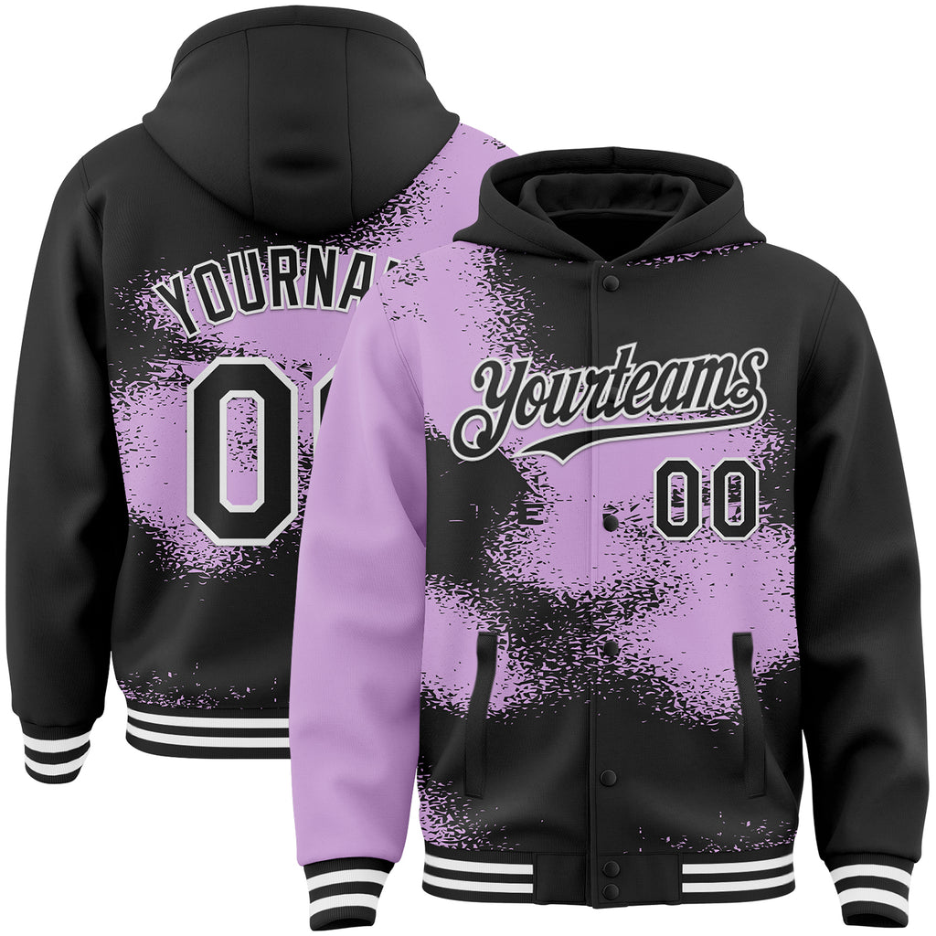 Custom Black Light Purple-White Abstract Color Blocks Fragment 3D Pattern Design Bomber Full-Snap Varsity Letterman Hoodie Jacket