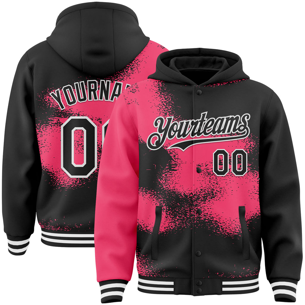 Custom Black Neon Pink-White Abstract Color Blocks Fragment 3D Pattern Design Bomber Full-Snap Varsity Letterman Hoodie Jacket