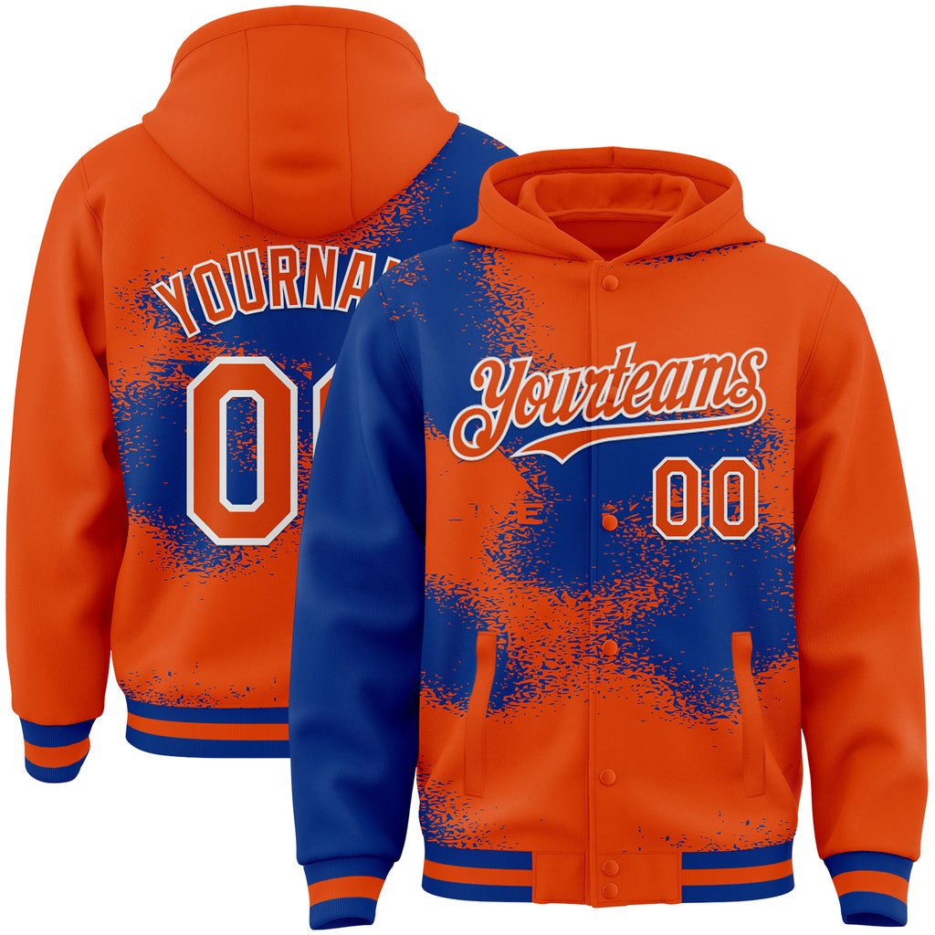 Custom Orange Royal-White Abstract Color Blocks Fragment 3D Pattern Design Bomber Full-Snap Varsity Letterman Hoodie Jacket