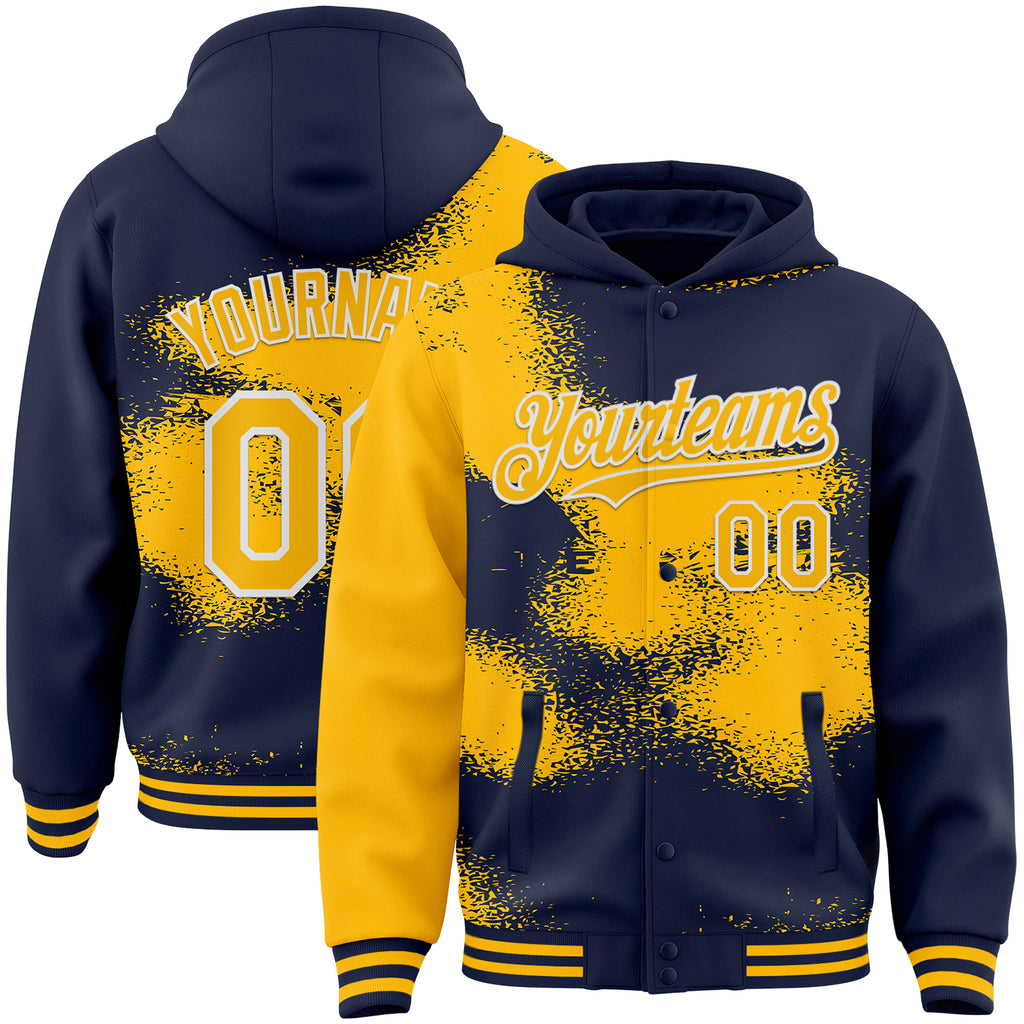 Custom Navy Gold-White Abstract Color Blocks Fragment 3D Pattern Design Bomber Full-Snap Varsity Letterman Hoodie Jacket