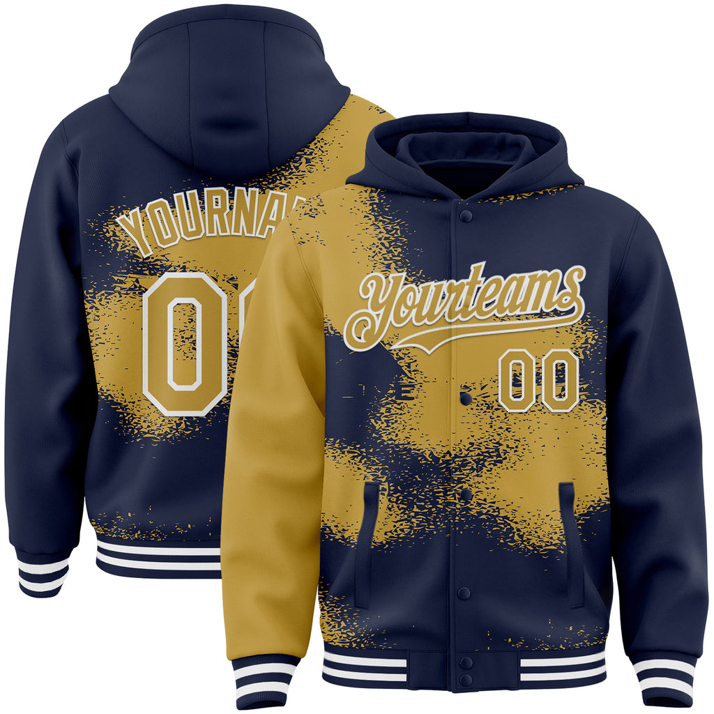 Custom Navy Old Gold-White Abstract Color Blocks Fragment 3D Pattern Design Bomber Full-Snap Varsity Letterman Hoodie Jacket