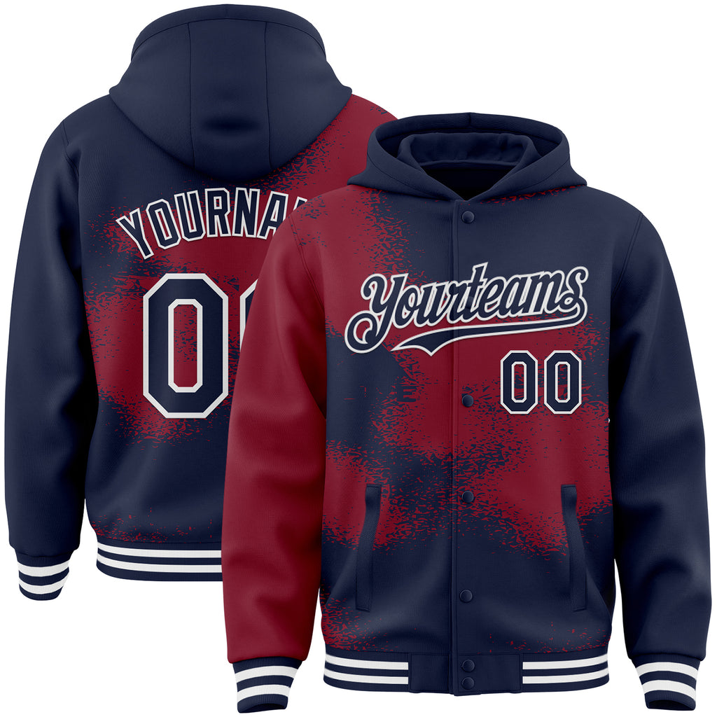 Custom Navy Crimson-White Abstract Color Blocks Fragment 3D Pattern Design Bomber Full-Snap Varsity Letterman Hoodie Jacket