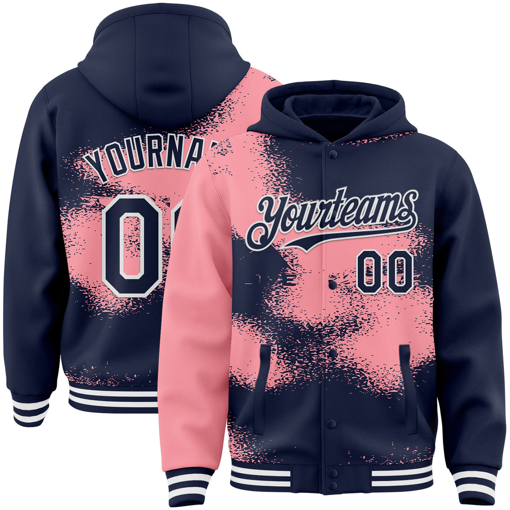 Custom Navy Medium Pink-White Abstract Color Blocks Fragment 3D Pattern Design Bomber Full-Snap Varsity Letterman Hoodie Jacket