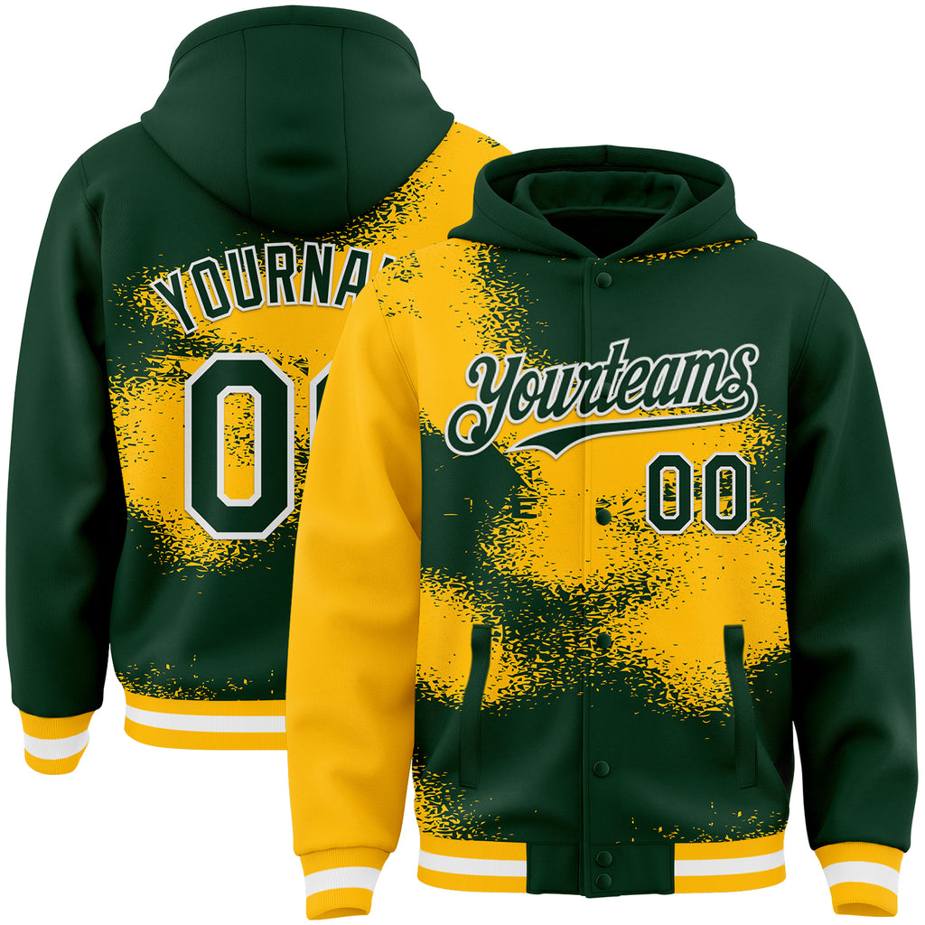 Custom Green Gold-White Abstract Color Blocks Fragment 3D Pattern Design Bomber Full-Snap Varsity Letterman Hoodie Jacket