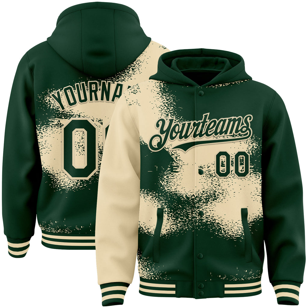 Custom Green Cream Abstract Color Blocks Fragment 3D Pattern Design Bomber Full-Snap Varsity Letterman Hoodie Jacket