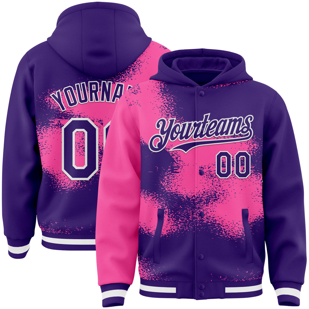 Custom Purple Pink-White Abstract Color Blocks Fragment 3D Pattern Design Bomber Full-Snap Varsity Letterman Hoodie Jacket