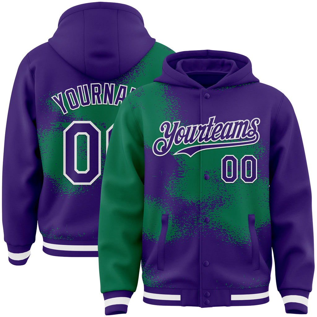 Custom Purple Kelly Green-White Abstract Color Blocks Fragment 3D Pattern Design Bomber Full-Snap Varsity Letterman Hoodie Jacket