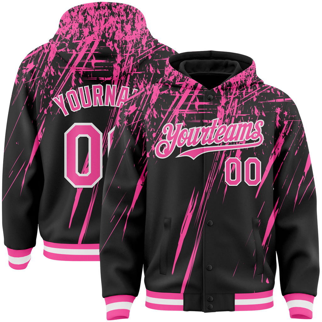 Custom Black Pink-White Splash 3D Pattern Design Bomber Full-Snap Varsity Letterman Hoodie Jacket