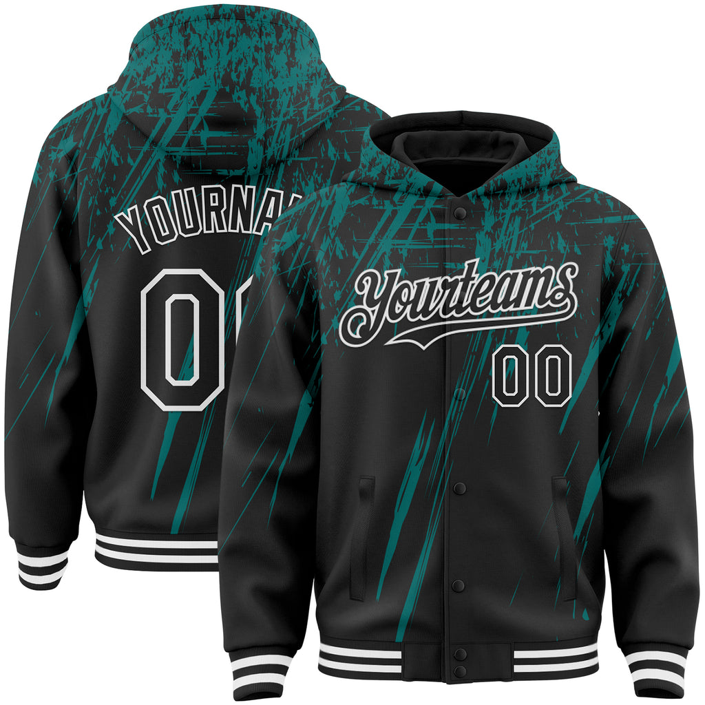 Custom Black Teal-White Splash 3D Pattern Design Bomber Full-Snap Varsity Letterman Hoodie Jacket