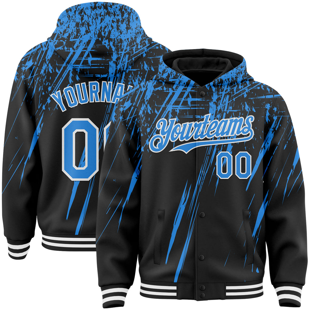 Custom Black Powder Blue-White Splash 3D Pattern Design Bomber Full-Snap Varsity Letterman Hoodie Jacket