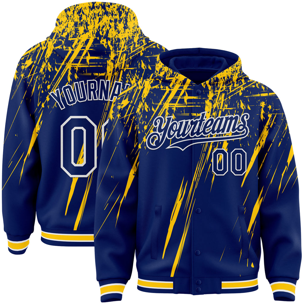 Custom Royal Yellow-White Splash 3D Pattern Design Bomber Full-Snap Varsity Letterman Hoodie Jacket