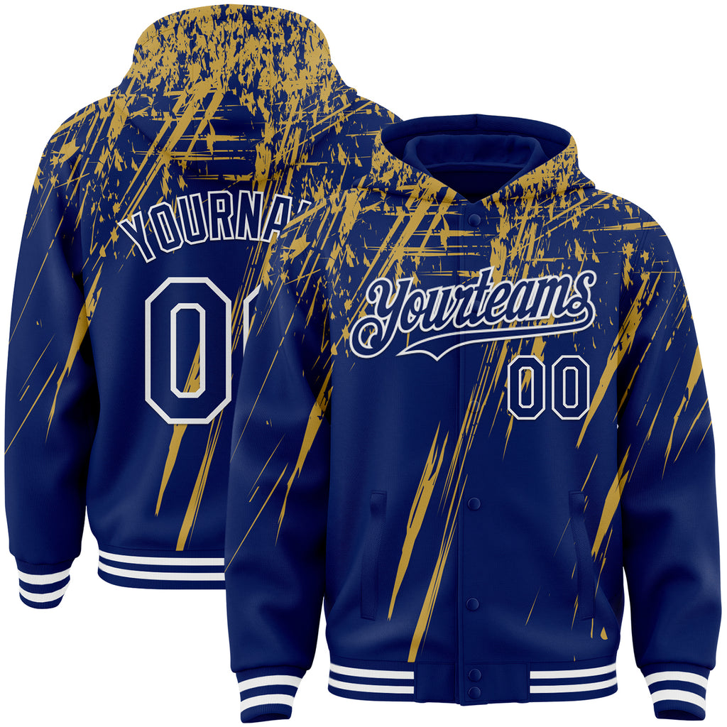 Custom Royal Old Gold-White Splash 3D Pattern Design Bomber Full-Snap Varsity Letterman Hoodie Jacket