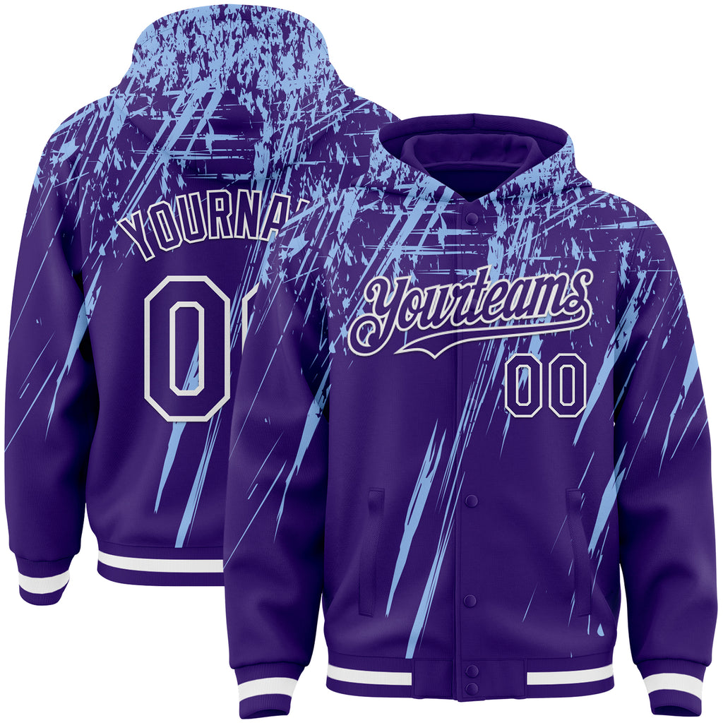 Custom Purple Light Blue-White Splash 3D Pattern Design Bomber Full-Snap Varsity Letterman Hoodie Jacket