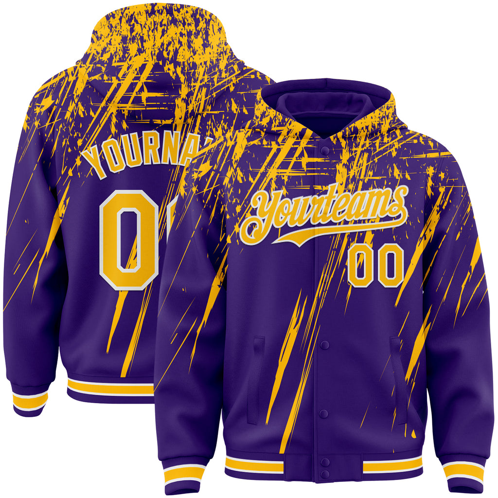 Custom Purple Gold-White Splash 3D Pattern Design Bomber Full-Snap Varsity Letterman Hoodie Jacket