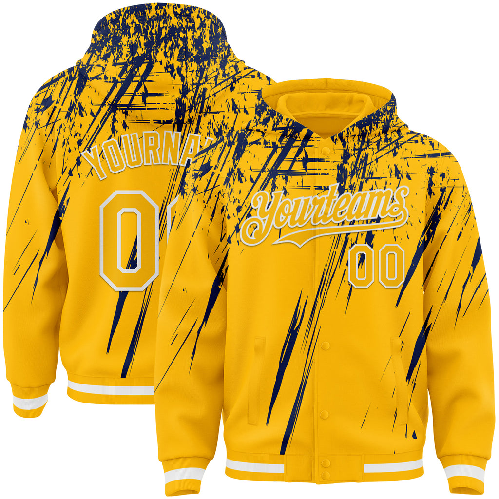 Custom Gold Navy-White Splash 3D Pattern Design Bomber Full-Snap Varsity Letterman Hoodie Jacket