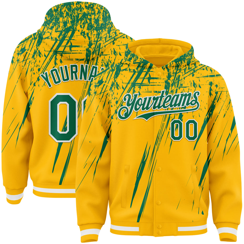 Custom Gold Kelly Green-White Splash 3D Pattern Design Bomber Full-Snap Varsity Letterman Hoodie Jacket